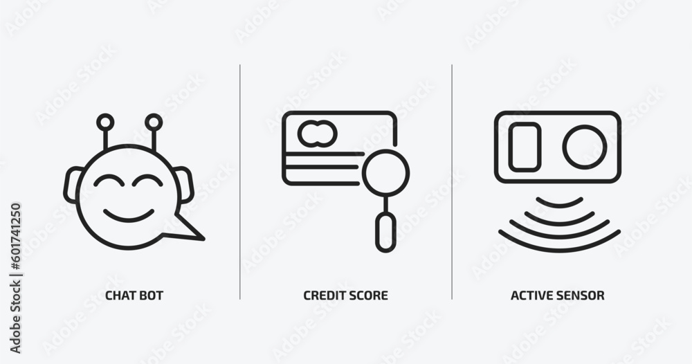 Poster general outline icons set. general icons such as chat bot, credit score, active sensor vector. can b