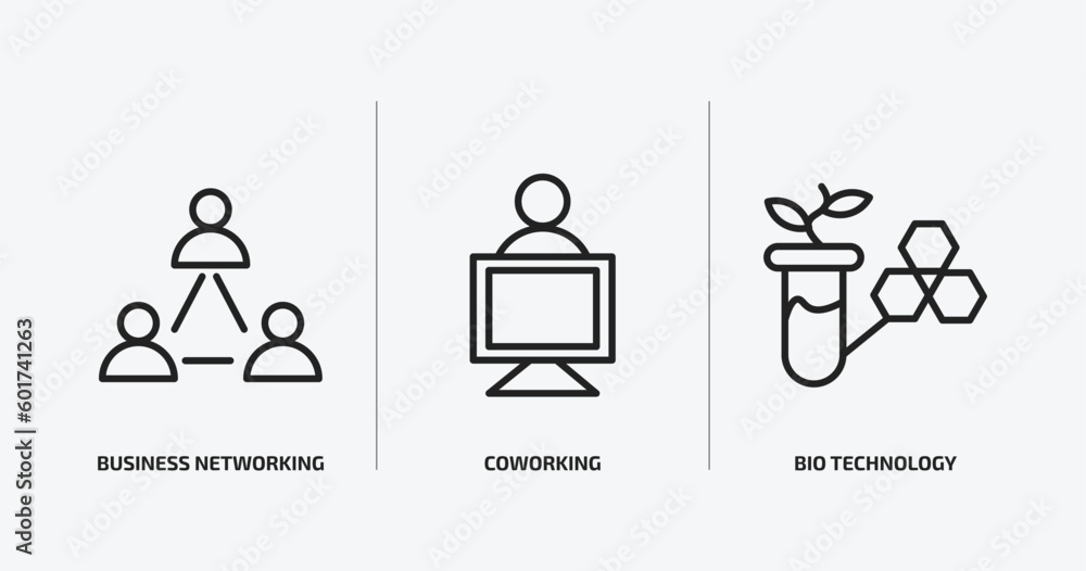 Poster general outline icons set. general icons such as business networking, coworking, bio technology vect