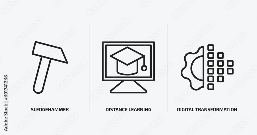 Poster general outline icons set. general icons such as sledgehammer, distance learning, digital transforma