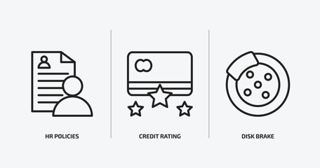 general outline icons set. general icons such as hr policies, credit rating, disk brake vector. can be used web and mobile.