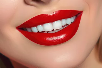 Fotobehang close-up Beautiful woman smile with red lips and white teeth - Generative AI © Florian
