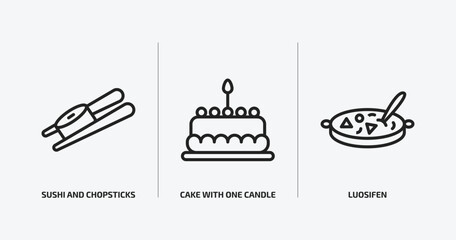 food outline icons set. food icons such as sushi and chopsticks, cake with one candle, luosifen vector. can be used web and mobile.