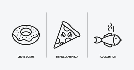 food outline icons set. food icons such as chote donut, triangular pizza slice, cooked fish vector. can be used web and mobile.