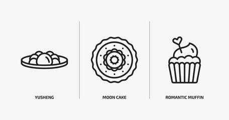 food outline icons set. food icons such as yusheng, moon cake, romantic muffin vector. can be used web and mobile.