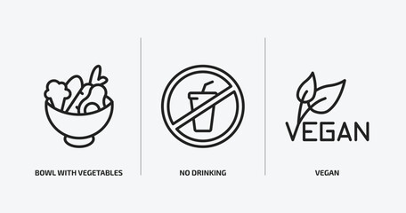 food outline icons set. food icons such as bowl with vegetables, no drinking, vegan vector. can be used web and mobile.