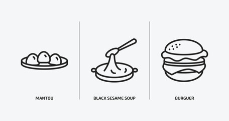 food outline icons set. food icons such as mantou, black sesame soup, burguer vector. can be used web and mobile.