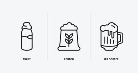 food outline icons set. food icons such as milky, fodder, jar of beer vector. can be used web and mobile.