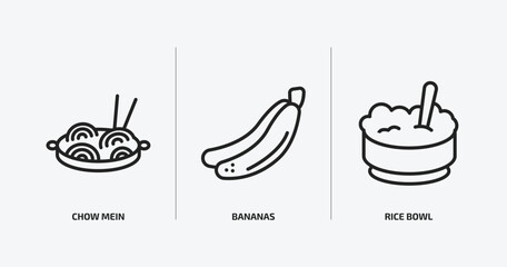 food outline icons set. food icons such as chow mein, bananas, rice bowl vector. can be used web and mobile.