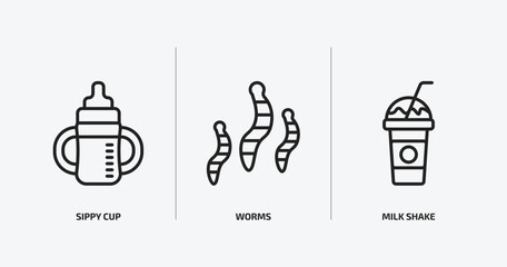 food outline icons set. food icons such as sippy cup, worms, milk shake vector. can be used web and mobile.