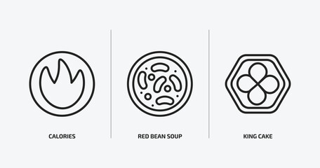 food outline icons set. food icons such as calories, red bean soup, king cake vector. can be used web and mobile.