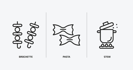 food outline icons set. food icons such as brochette, pasta, stew vector. can be used web and mobile.