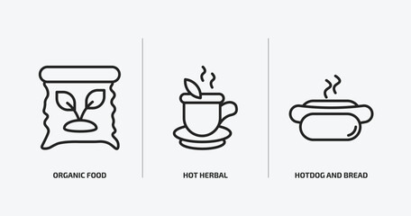 food outline icons set. food icons such as organic food, hot herbal, hotdog and bread vector. can be used web and mobile.