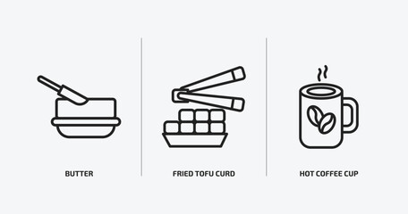 food outline icons set. food icons such as butter, fried tofu curd balls, hot coffee cup vector. can be used web and mobile.