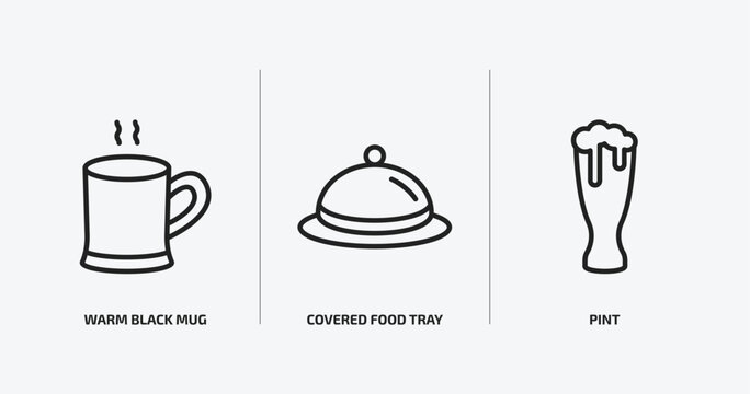 food outline icons set. food icons such as warm black mug, covered food tray, pint vector. can be used web and mobile.