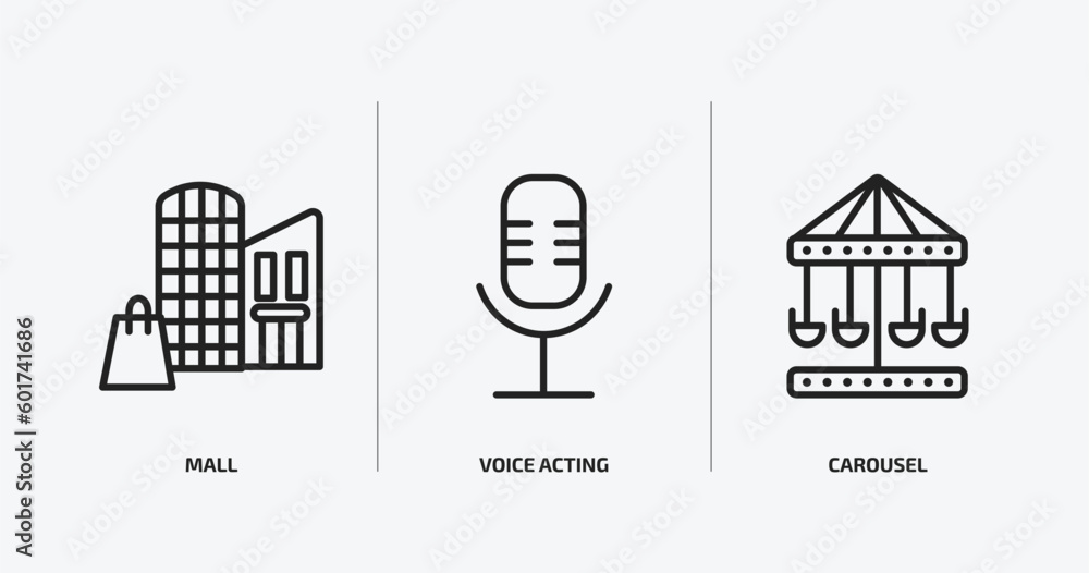 Poster arcade outline icons set. arcade icons such as mall, voice acting, carousel vector. can be used web 