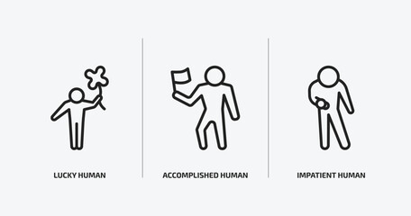 feelings outline icons set. feelings icons such as lucky human, accomplished human, impatient human vector. can be used web and mobile.