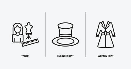 fashion outline icons set. fashion icons such as tailor, cylinder hat, women coat vector. can be used web and mobile.