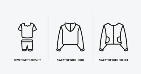 fashion outline icons set. fashion icons such as femenine trakcsuit, sweater with hood, sweater with pocket vector. can be used web and mobile.