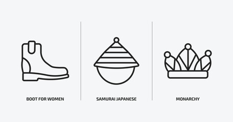 fashion outline icons set. fashion icons such as boot for women, samurai japanese hat, monarchy vector. can be used web and mobile.
