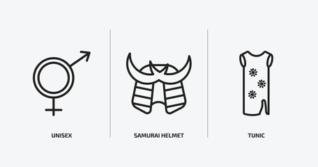 fashion outline icons set. fashion icons such as unisex, samurai helmet, tunic vector. can be used web and mobile.