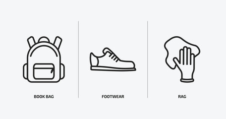 fashion outline icons set. fashion icons such as book bag, footwear, rag vector. can be used web and mobile.
