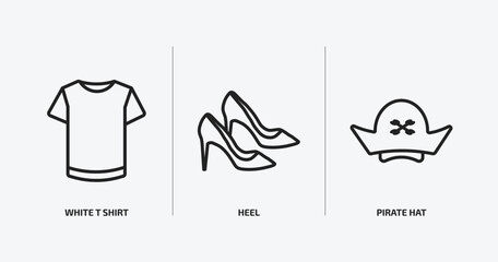 fashion outline icons set. fashion icons such as white t shirt, heel, pirate hat vector. can be used web and mobile.