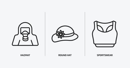 fashion outline icons set. fashion icons such as hazmat, round hat, sportswear vector. can be used web and mobile.