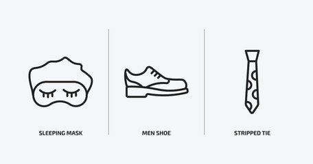 fashion outline icons set. fashion icons such as sleeping mask, men shoe, stripped tie vector. can be used web and mobile.