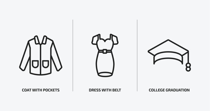 fashion outline icons set. fashion icons such as coat with pockets, dress with belt, college graduation cap vector. can be used web and mobile.