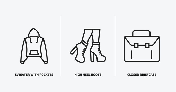 fashion outline icons set. fashion icons such as sweater with pockets, high heel boots, closed briefcase vector. can be used web and mobile.
