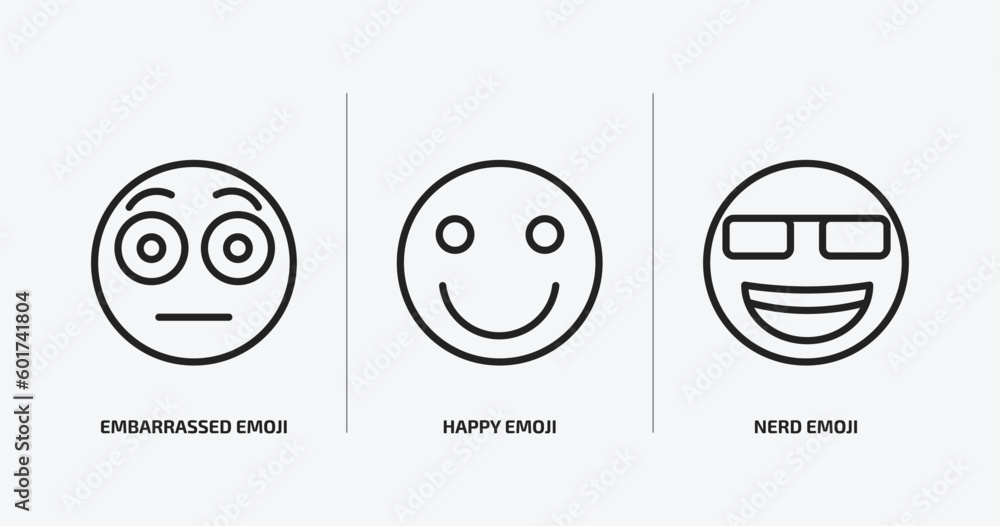 Poster emoji outline icons set. emoji icons such as embarrassed emoji, happy nerd vector. can be used web a