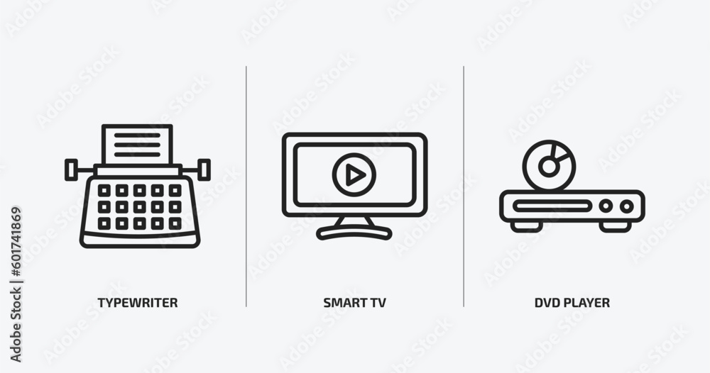 Poster electronic devices outline icons set. electronic devices icons such as typewriter, smart tv, dvd pla