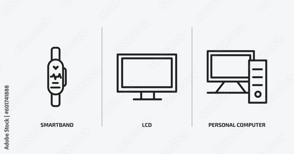 Poster electronic devices outline icons set. electronic devices icons such as smartband, lcd, personal comp