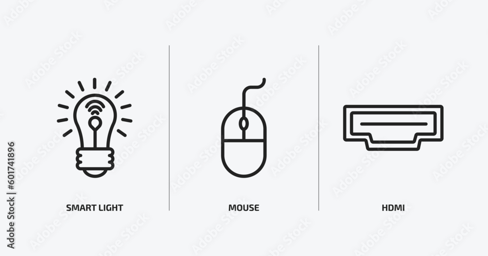 Aufkleber electronic devices outline icons set. electronic devices icons such as smart light, mouse, hdmi vect