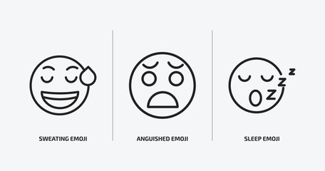emoji outline icons set. emoji icons such as sweating emoji, anguished sleep vector. can be used web and mobile.