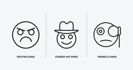 emoji outline icons set. emoji icons such as pouting emoji, cowboy hat monocle vector. can be used web and mobile.