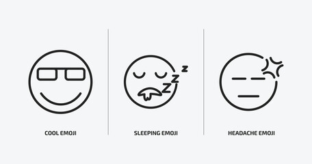 Naklejka premium emoji outline icons set. emoji icons such as cool emoji, sleeping headache vector. can be used web and mobile.