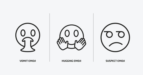 emoji outline icons set. emoji icons such as vomit emoji, hugging suspect vector. can be used web and mobile.