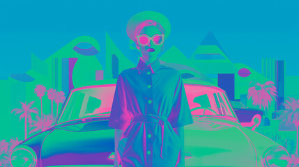 neon Pop Art, 60s retro style fashion collage, woman wearing clothing with sunglasses. Travel collage with retro city look and film grain, Generative AI