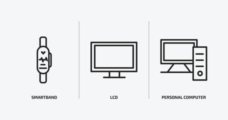 electronic devices outline icons set. electronic devices icons such as smartband, lcd, personal computer vector. can be used web and mobile.