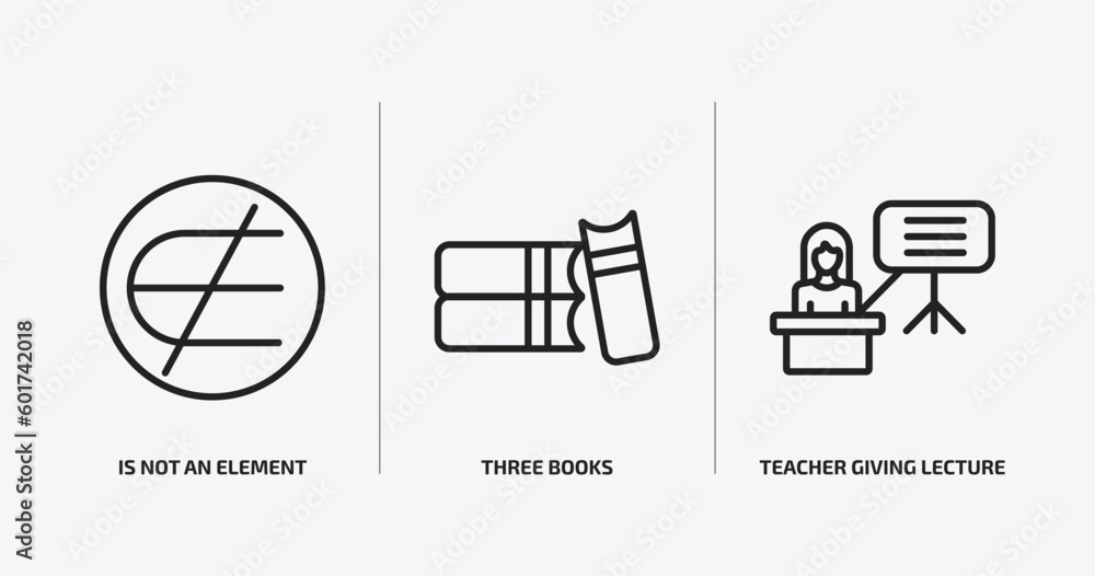 Aufkleber education outline icons set. education icons such as is not an element of, three books, teacher givi