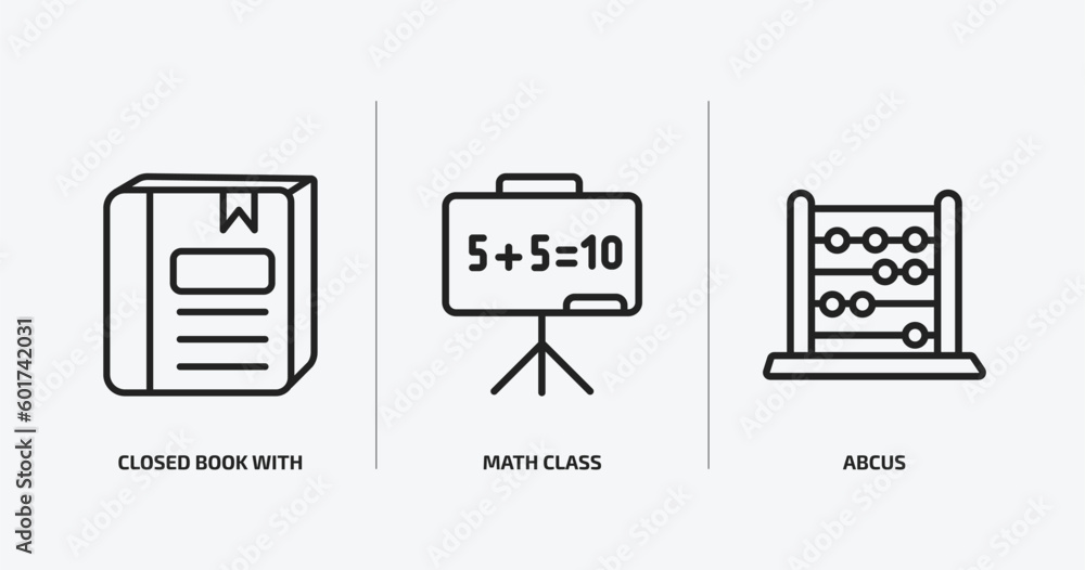 Aufkleber education outline icons set. education icons such as closed book with marker, math class, abcus vect