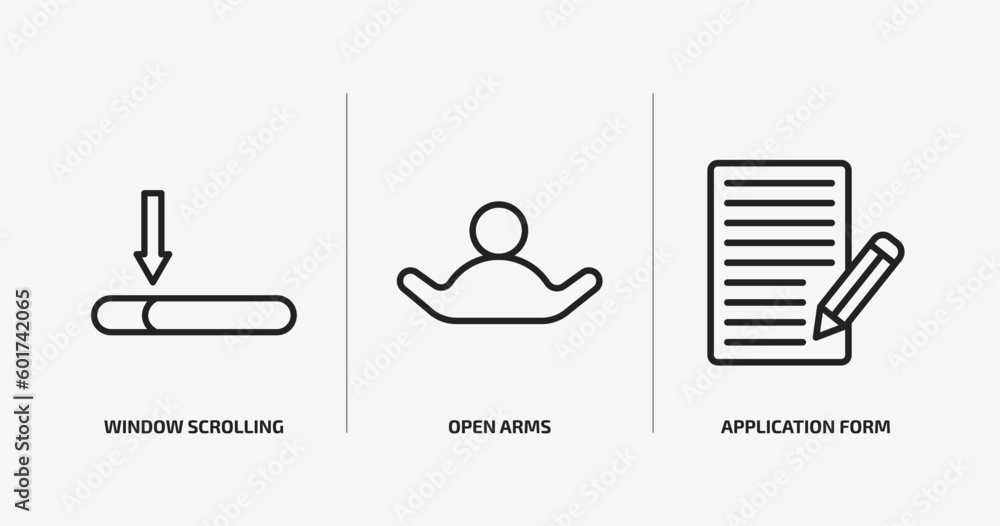 Poster education outline icons set. education icons such as window scrolling medium, open arms, application