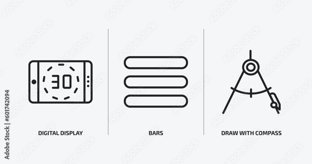 Poster education outline icons set. education icons such as digital display 30, bars, draw with compass vec
