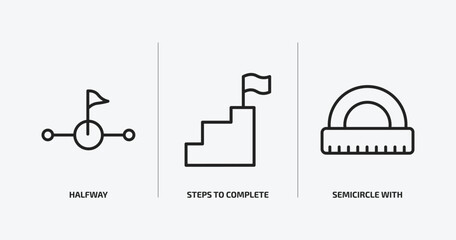 education outline icons set. education icons such as halfway, steps to complete, semicircle with ruler vector. can be used web and mobile.