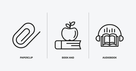 education outline icons set. education icons such as paperclip, book and, audiobook vector. can be used web and mobile.
