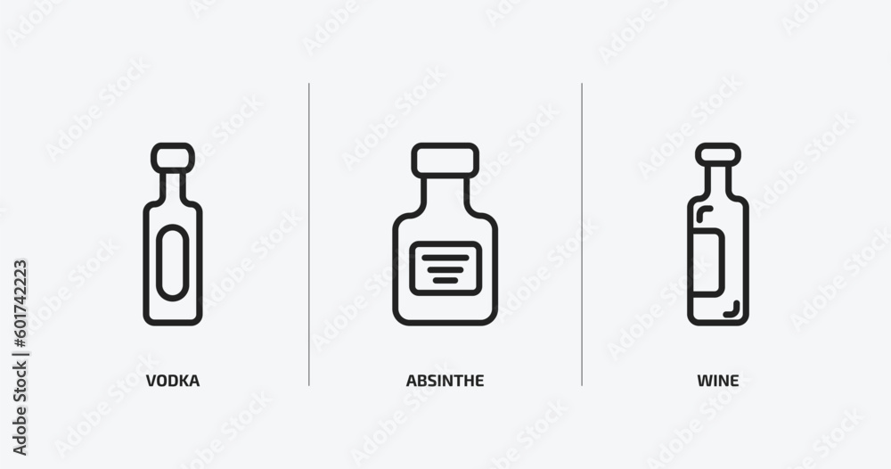 Poster drinks outline icons set. drinks icons such as vodka, absinthe, wine vector. can be used web and mob