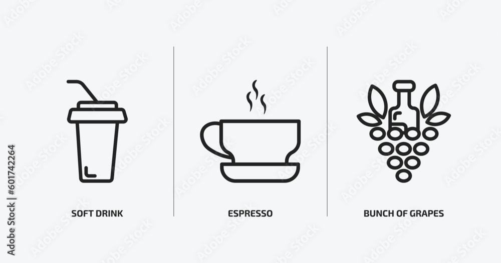 Poster drinks outline icons set. drinks icons such as soft drink, espresso, bunch of grapes vector. can be 
