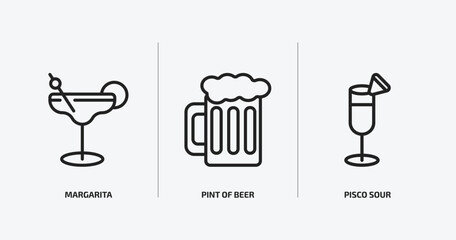 drinks outline icons set. drinks icons such as margarita, pint of beer, pisco sour vector. can be used web and mobile.