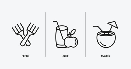 drinks outline icons set. drinks icons such as forks, juice, malibu vector. can be used web and mobile.